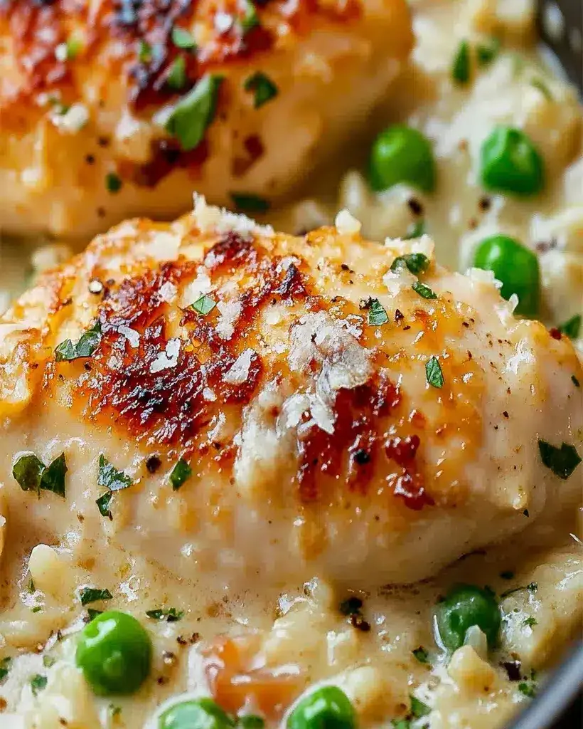 One-Pan Creamy Parmesan Chicken & Rice dish served in a skillet