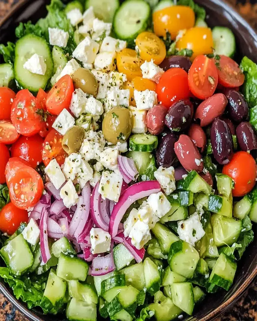 A vibrant Greek salad with fresh vegetables, feta cheese, and olives.