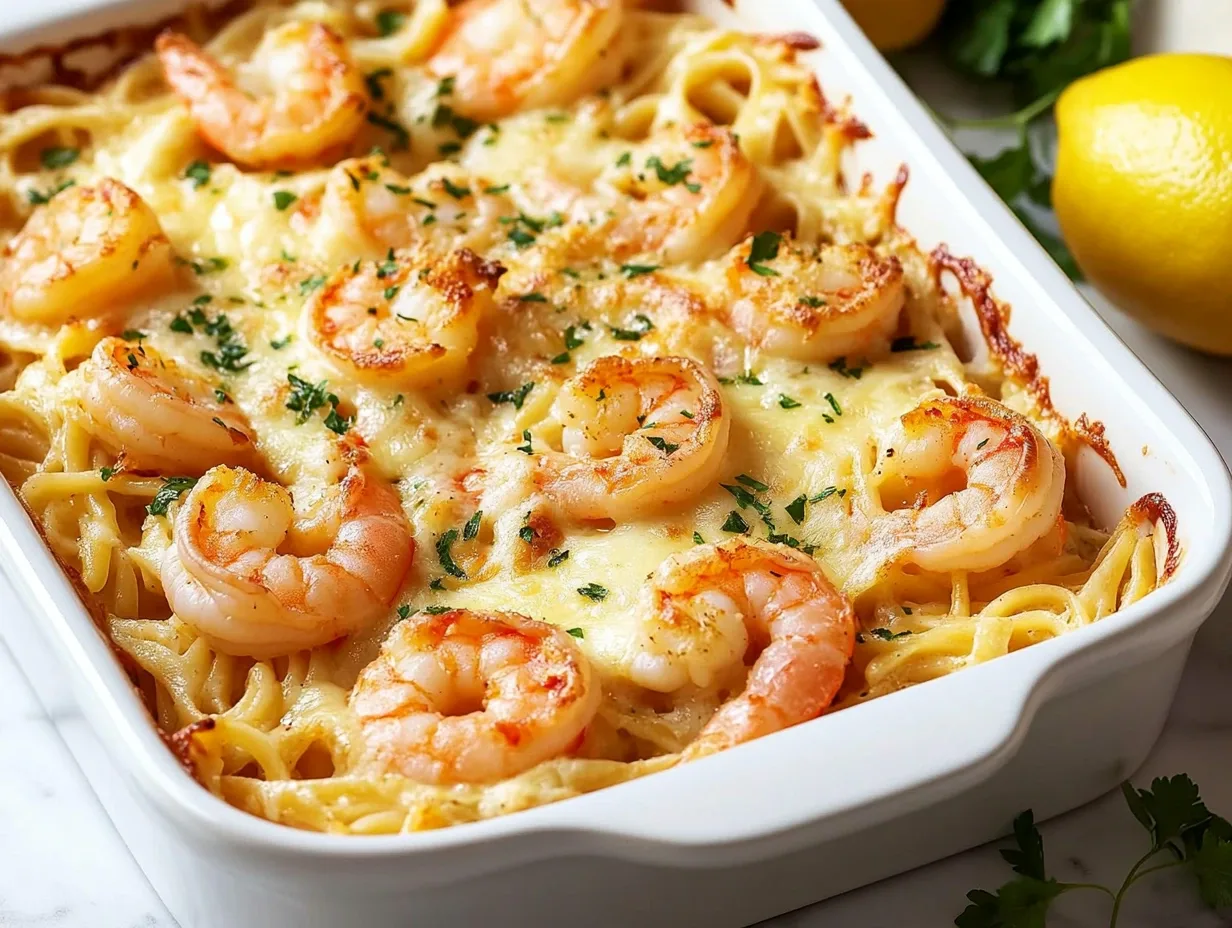 Shrimp scampi pasta bake in a dish with pasta, shrimp, and creamy sauce.