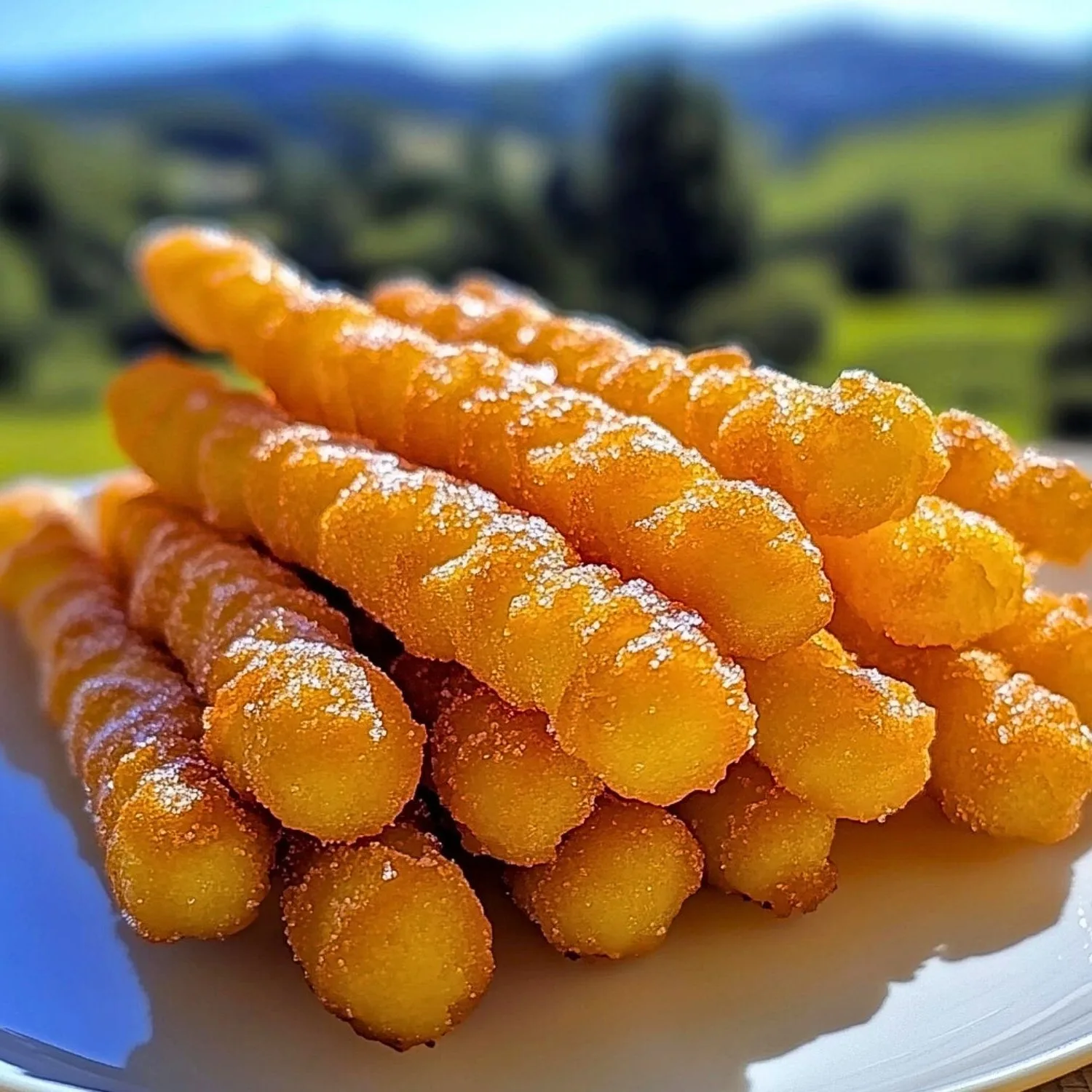 Crispy Funnel Cake Sticks being fried in oil, golden brown and delicious.