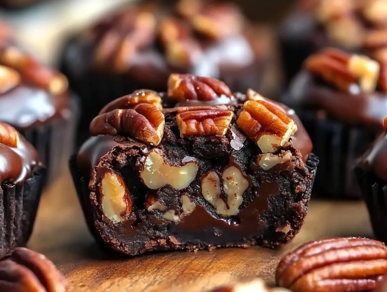 Close-up of Pecan Pie Brownie Bites, showcasing the fudgy brownie base and gooey pecan topping.