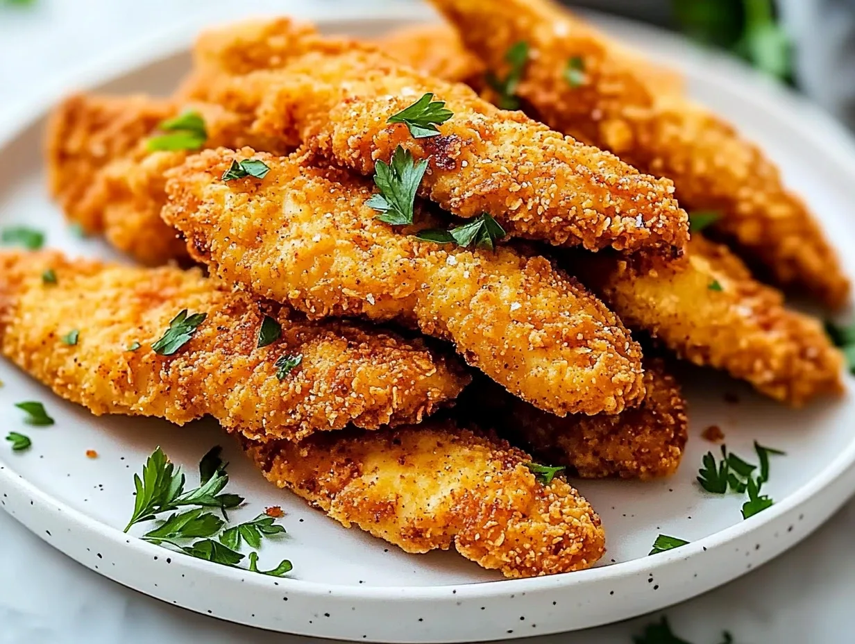Crispy baked chicken tenders arranged on a platter, golden brown and tempting