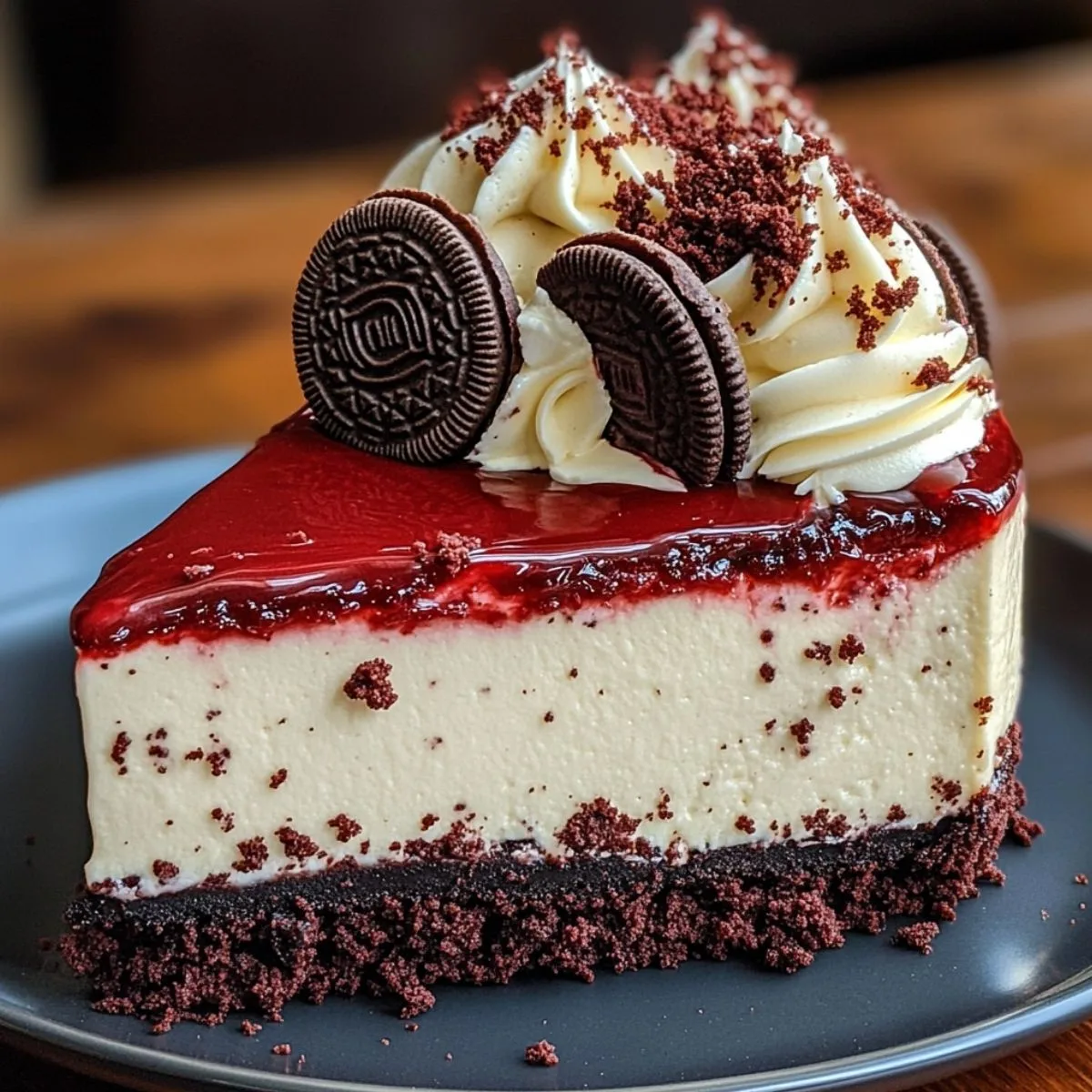 A slice of rich Red Velvet Oreo Cheesecake with a berry compote topping