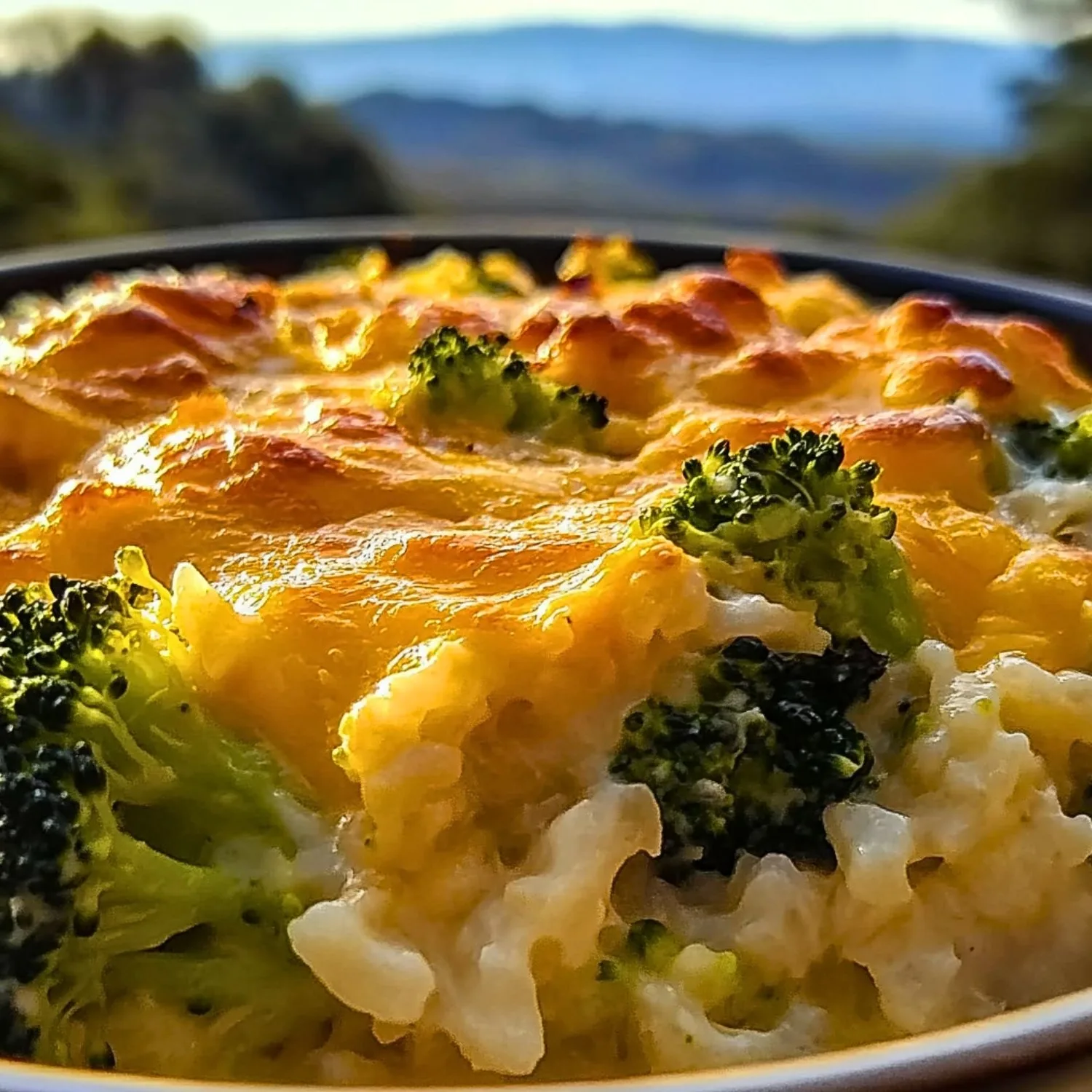 Broccoli, Rice, Cheese, and Chicken Casserole ready to be served