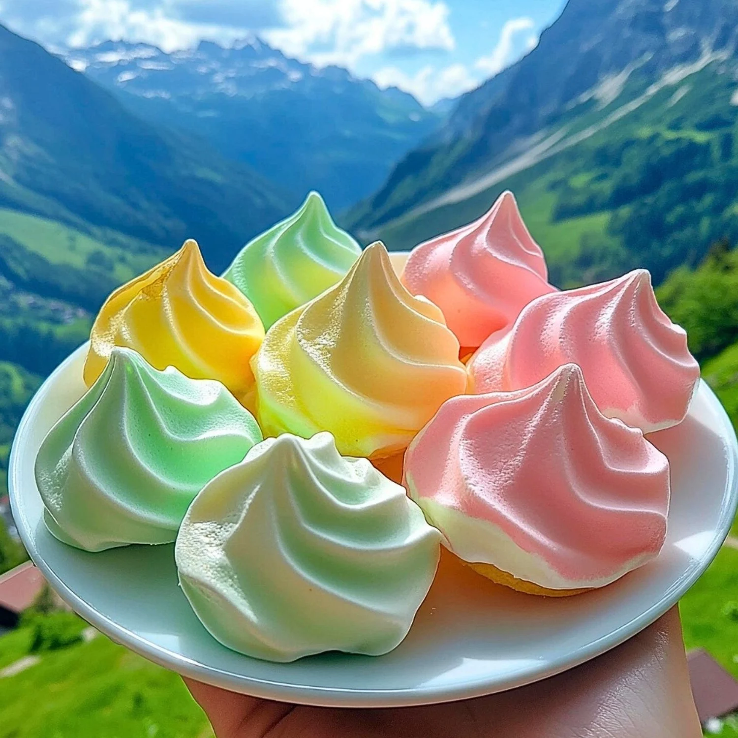 Assortment of colorful Jello meringue cookies displayed in a whimsical arrangement.