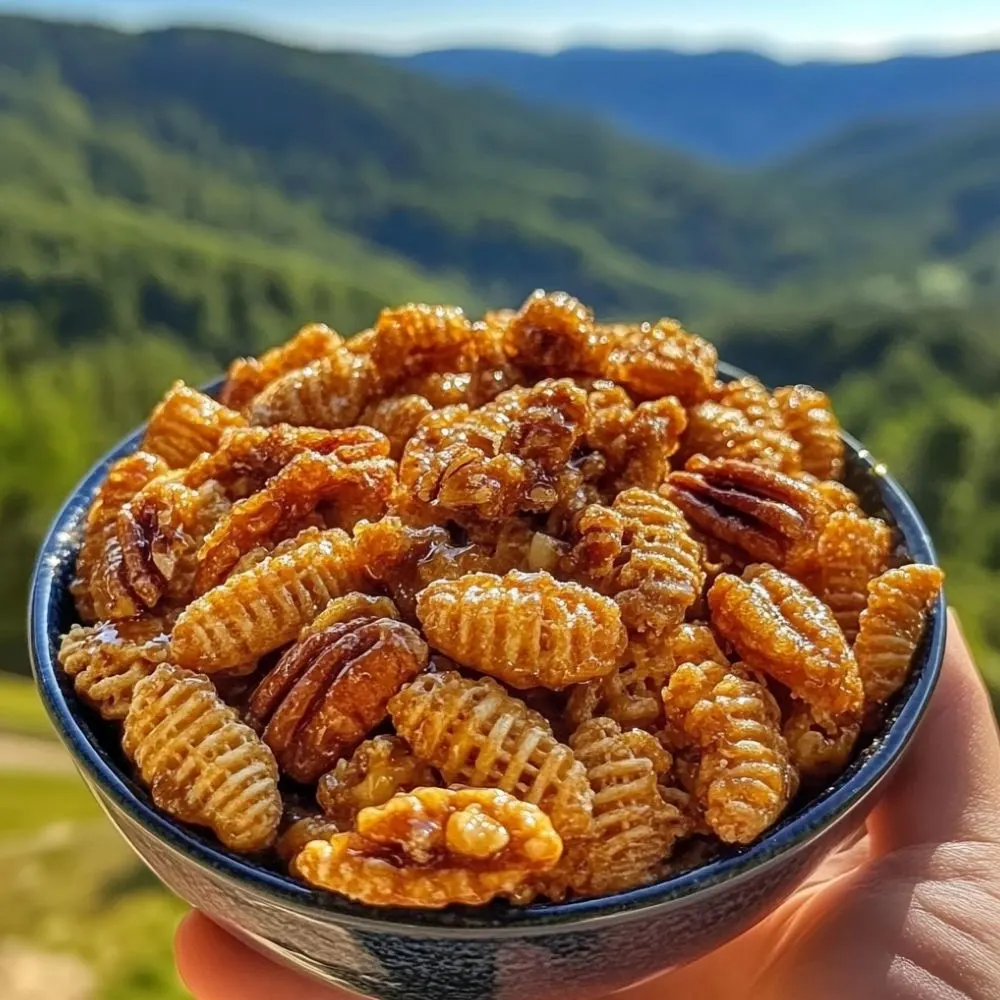 A delicious-looking pile of Praline Crunch, showing a mix of crispy cereal, toasted pecans, and a glossy caramel coating.