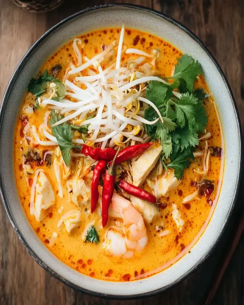 A vibrant bowl of Laksa soup with noodles, shrimp, and fresh garnishes.