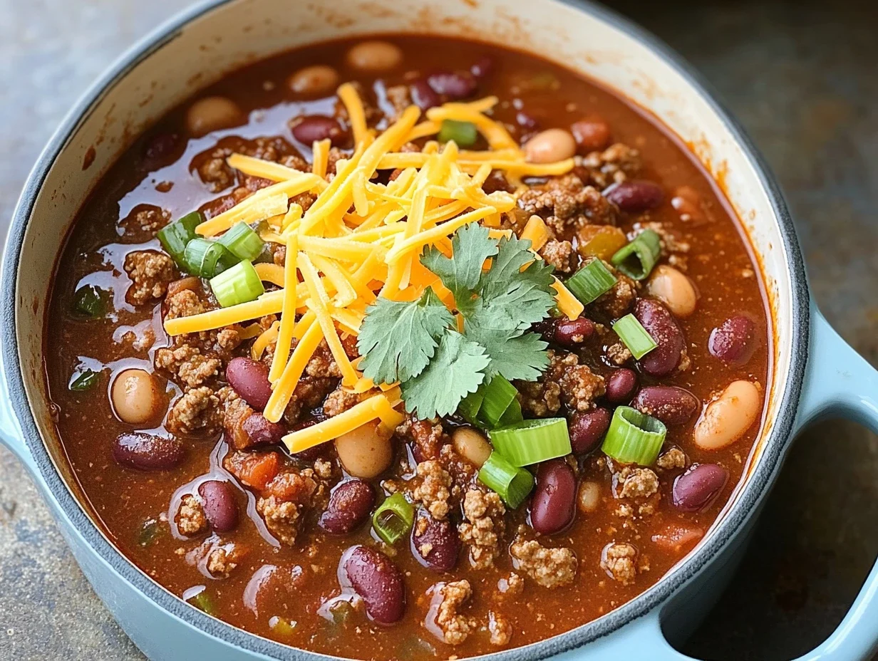 A steaming bowl of Pioneer Woman Chili topped with cheese and sour cream.