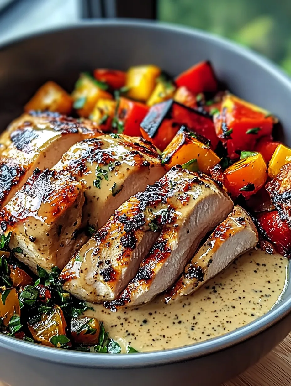 Honey Mustard Glazed Chicken with Roasted Vegetables on a baking sheet.