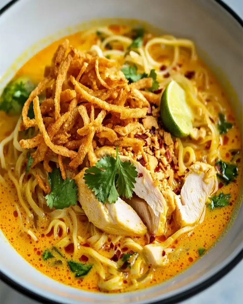 A steaming bowl of Khao Soi with crispy noodles and fresh garnishes.