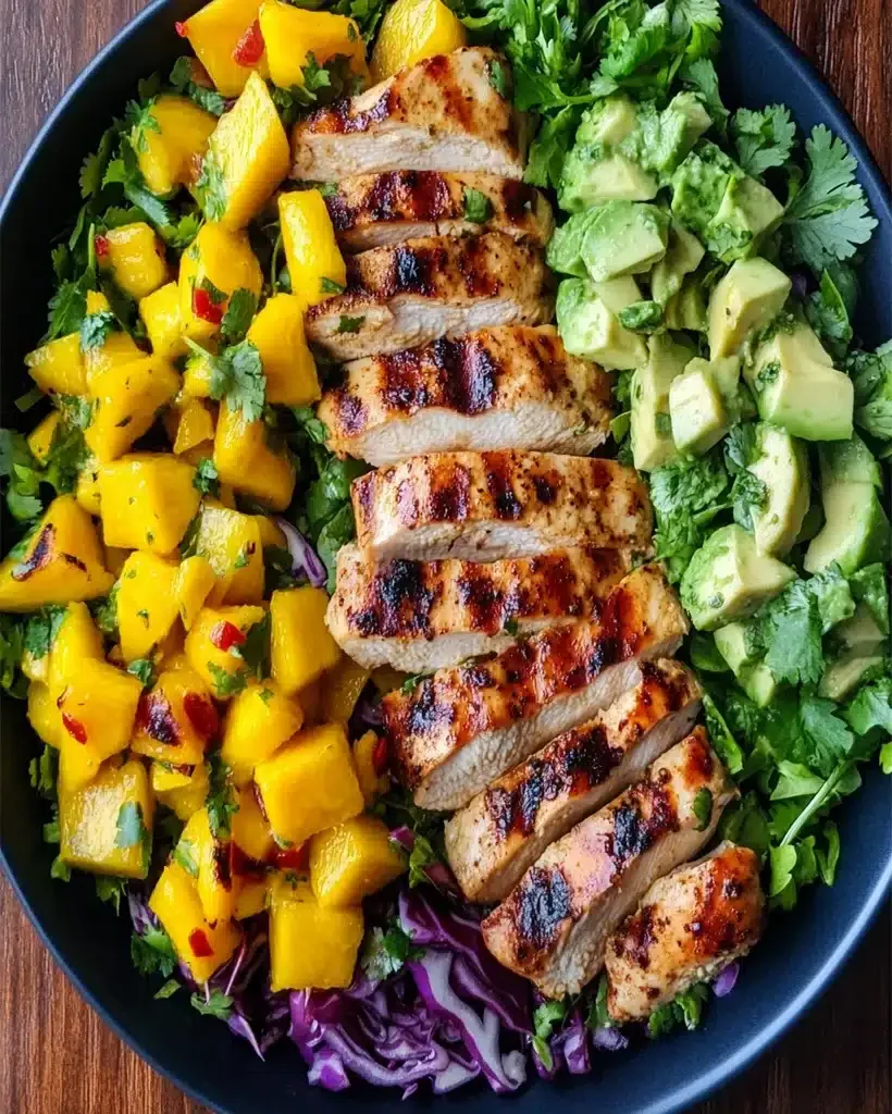 A vibrant Cilantro Lime Chicken Salad with Mango Avocado Salsa, showcasing colorful ingredients.