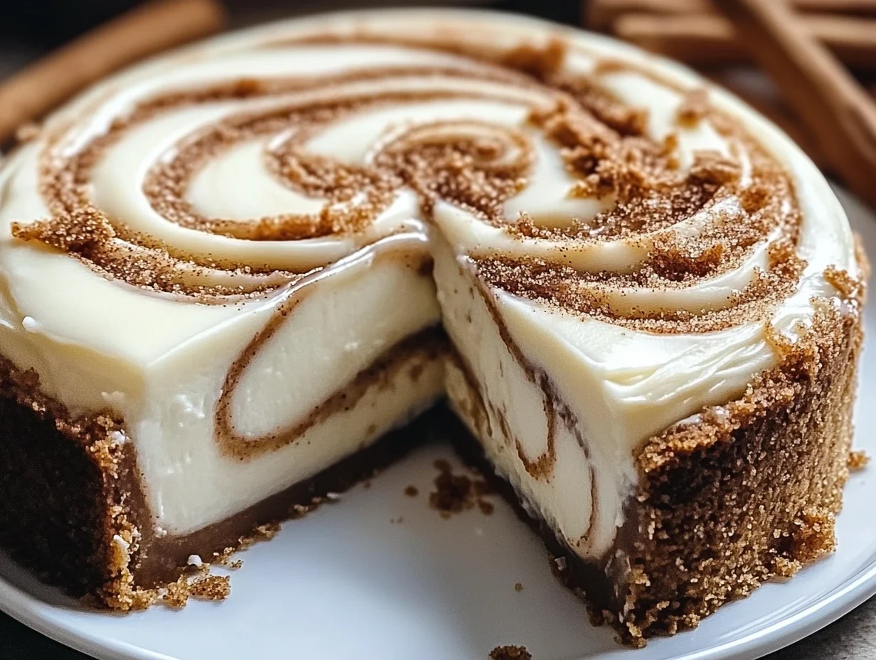 Irresistible Cinnamon Roll Cheesecake Slice with Swirls and Icing