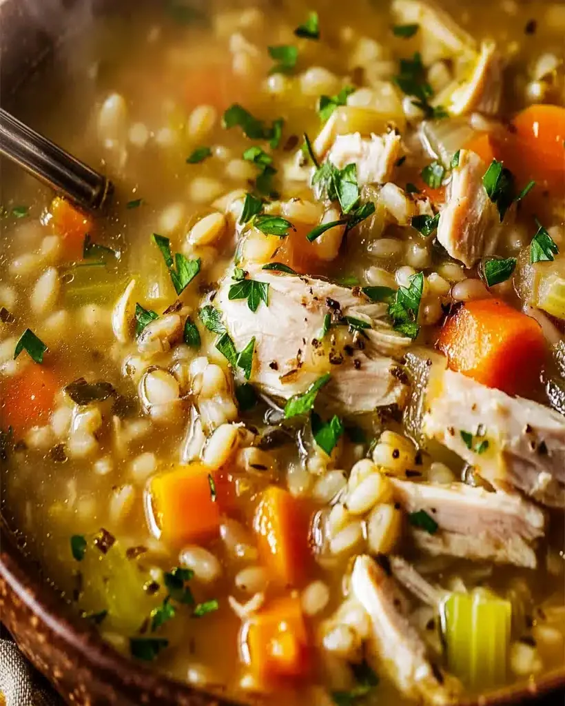 A steaming bowl of Cozy Chicken Barley Soup.