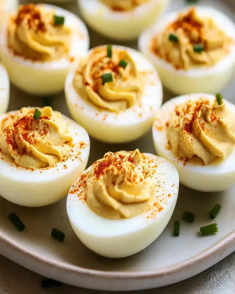 Classic Deviled Eggs arranged on a platter, garnished with paprika.