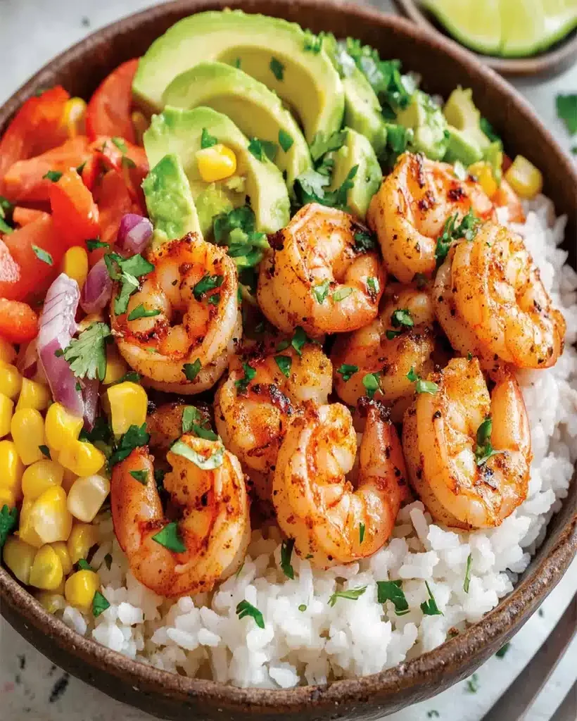 A vibrant Fiesta Shrimp Rice Bowl overflowing with colorful ingredients.