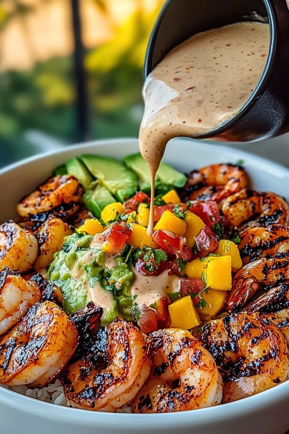 A vibrant bowl filled with shrimp, avocado, mango salsa, and rice, drizzled with sauce.
