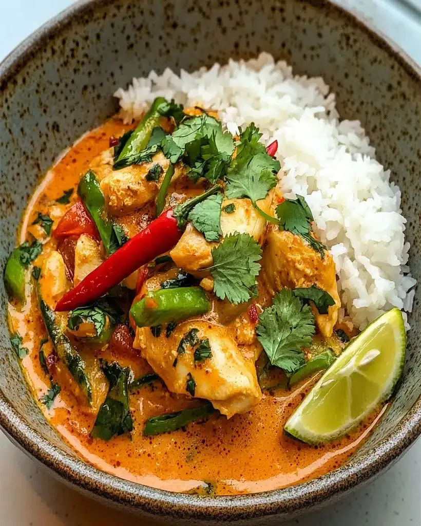 A vibrant bowl of Thai Red Curry with chicken and fresh vegetables, garnished with basil leaves and a lime wedge.