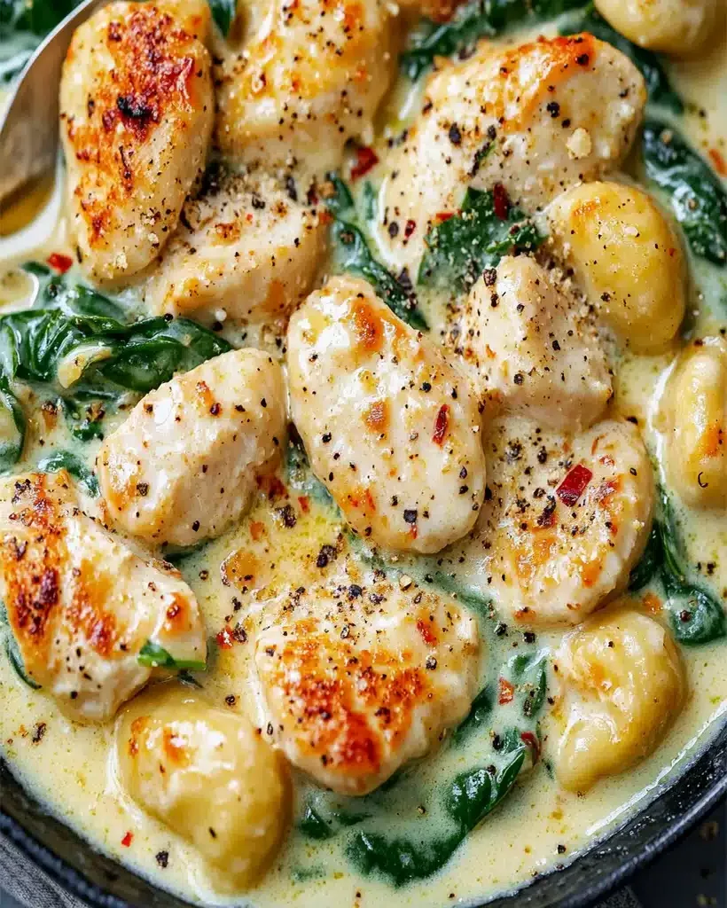 Creamy Spinach Chicken Gnocchi in a bowl