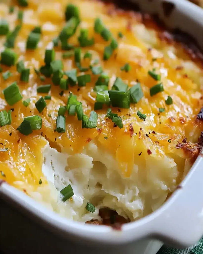 Sour Cream & Onion Smashed Potato Casserole baked in a dish