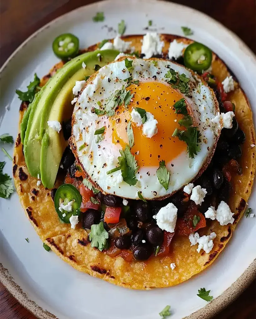 A vibrant plate of Huevos Rancheros with sunny-side-up eggs, salsa, and beans.