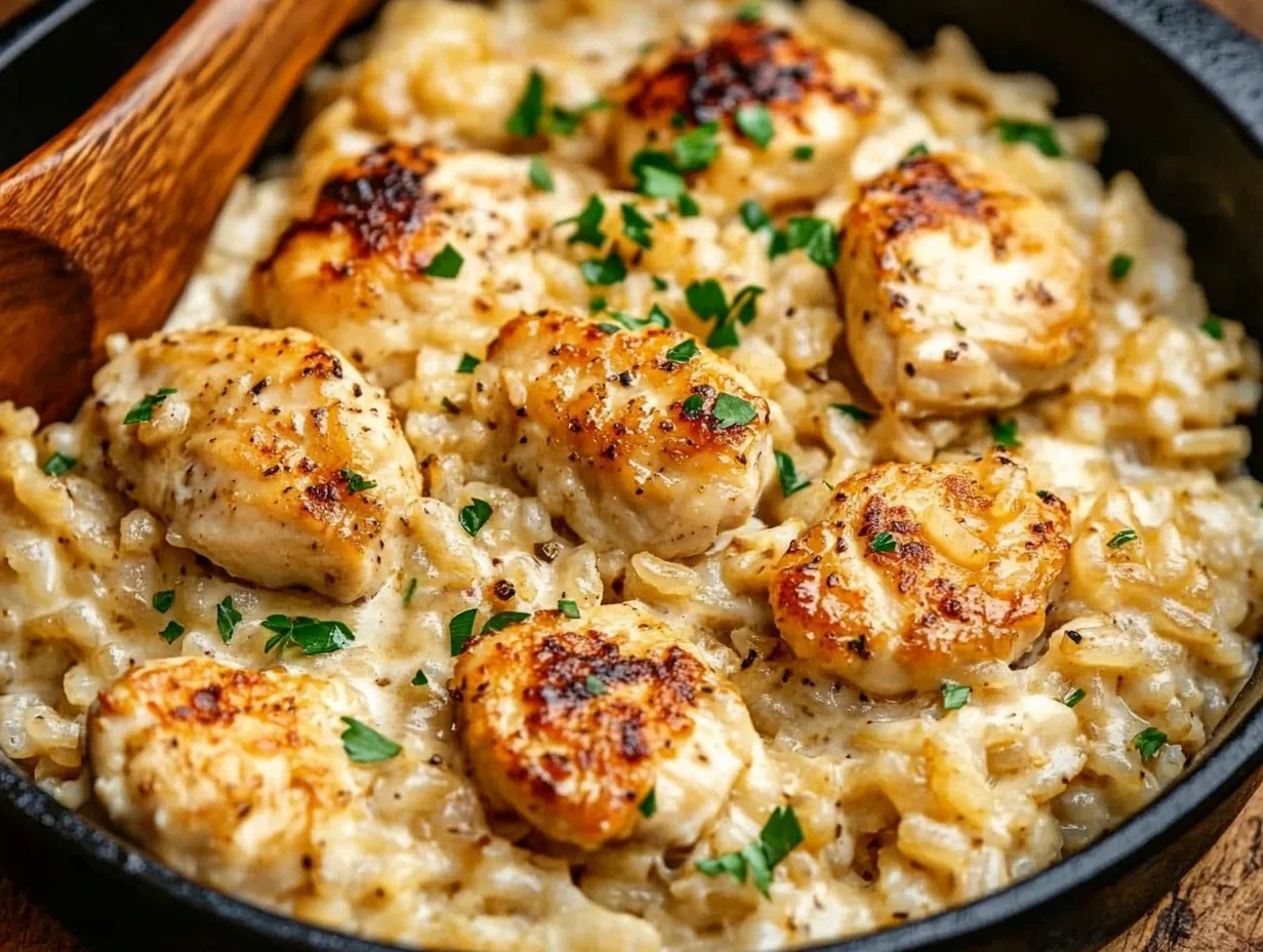 Delicious One Pot Chicken and Rice in a skillet