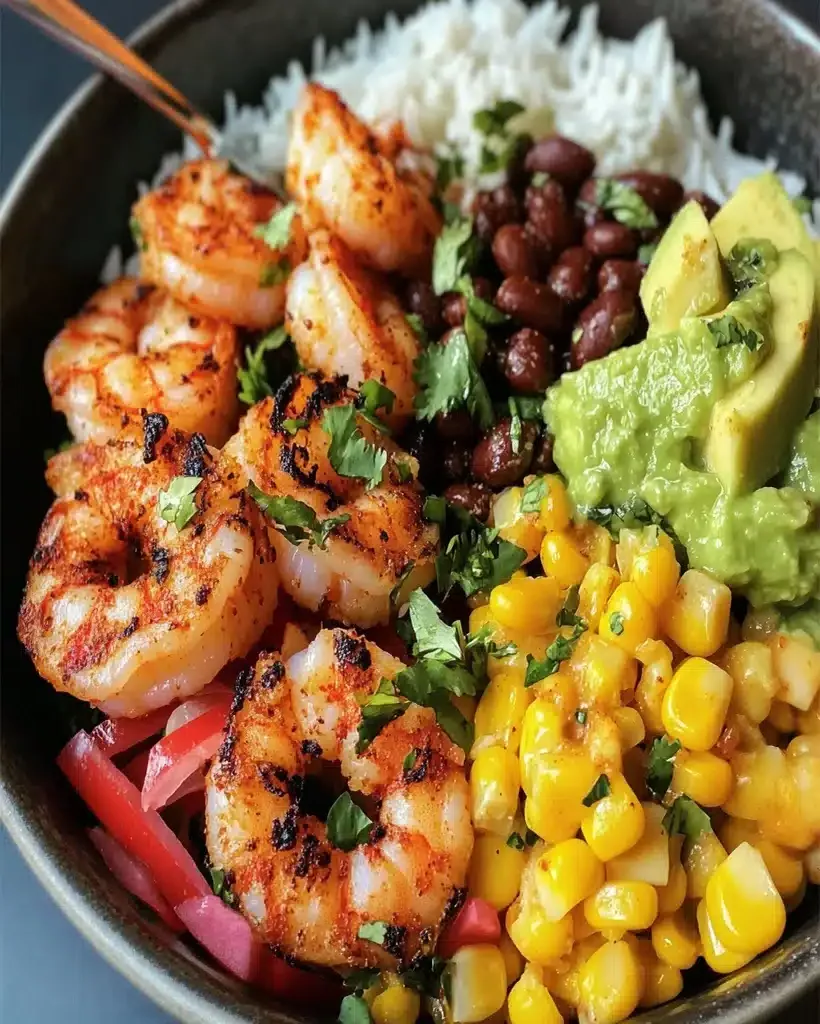 A vibrant and colorful shrimp burrito bowl with rice, beans, corn, avocado, and cilantro.