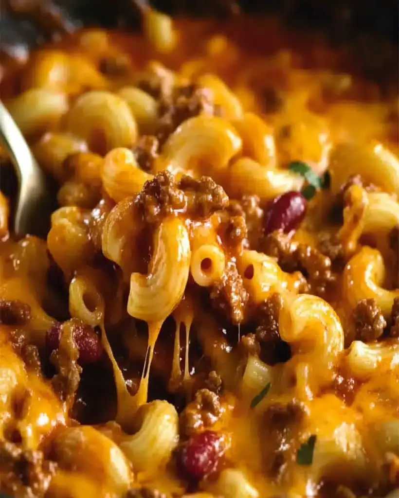 One-Pot Chili Mac & Cheese in a pot with melted cheese and garnishes