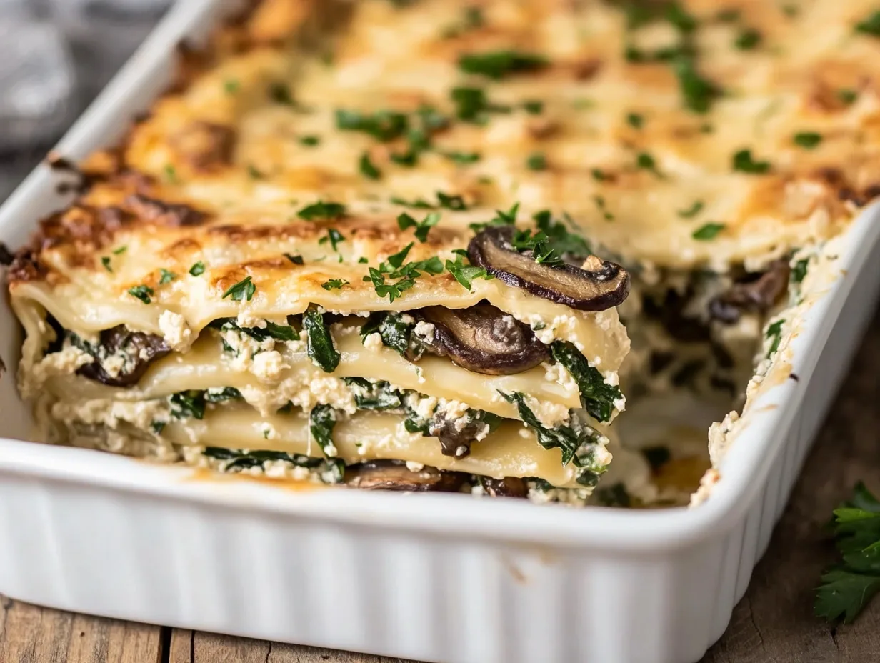 Creamy Vegan White Lasagna with Mushrooms and Spinach, a comforting and hearty plant-based dish layered with noodles, creamy sauce, and vegetables.