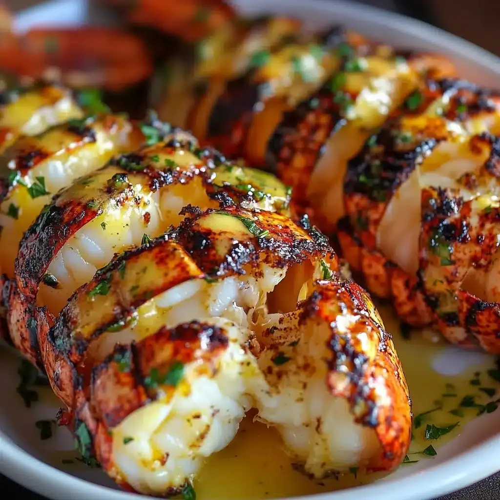 Cowboy Butter Lobster Tails on a platter, glistening with butter and herbs.