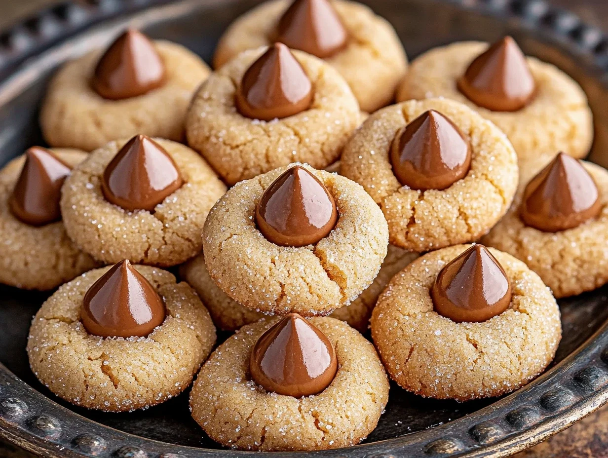 A plate of delicious peanut butter blossom cookies topped with Hershey's Kisses.