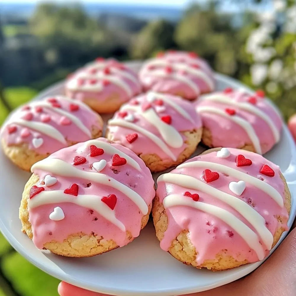 Valentine Strawberry Cookies with pink glaze and heart sprinkles