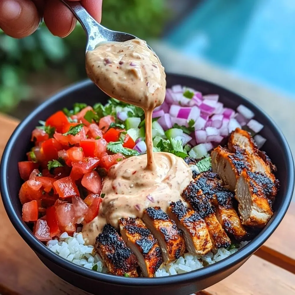 A vibrant burrito bowl with chicken, rice, pico de gallo, and chipotle aioli.