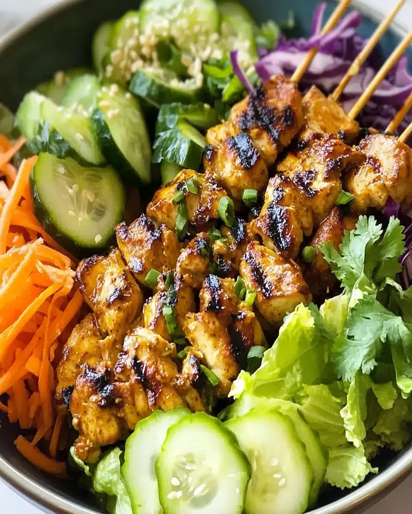 Vibrant Chicken Satay Spring Roll Bowl with colorful toppings.