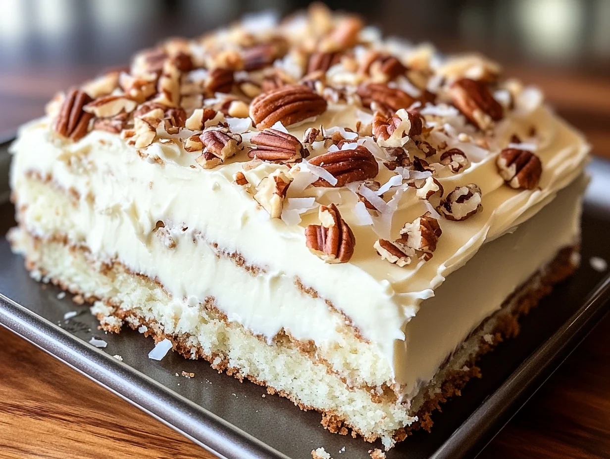 Close up of a slice of Italian Cream Sheet Cake showing the moist crumb with coconut and pecans, topped with cream cheese frosting.