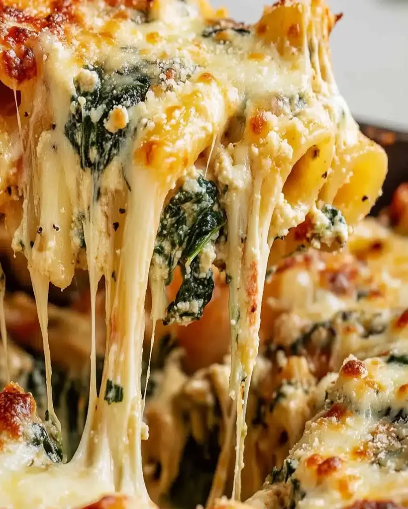 A delicious looking spinach and ricotta pasta bake in a baking dish, bubbly and golden brown.