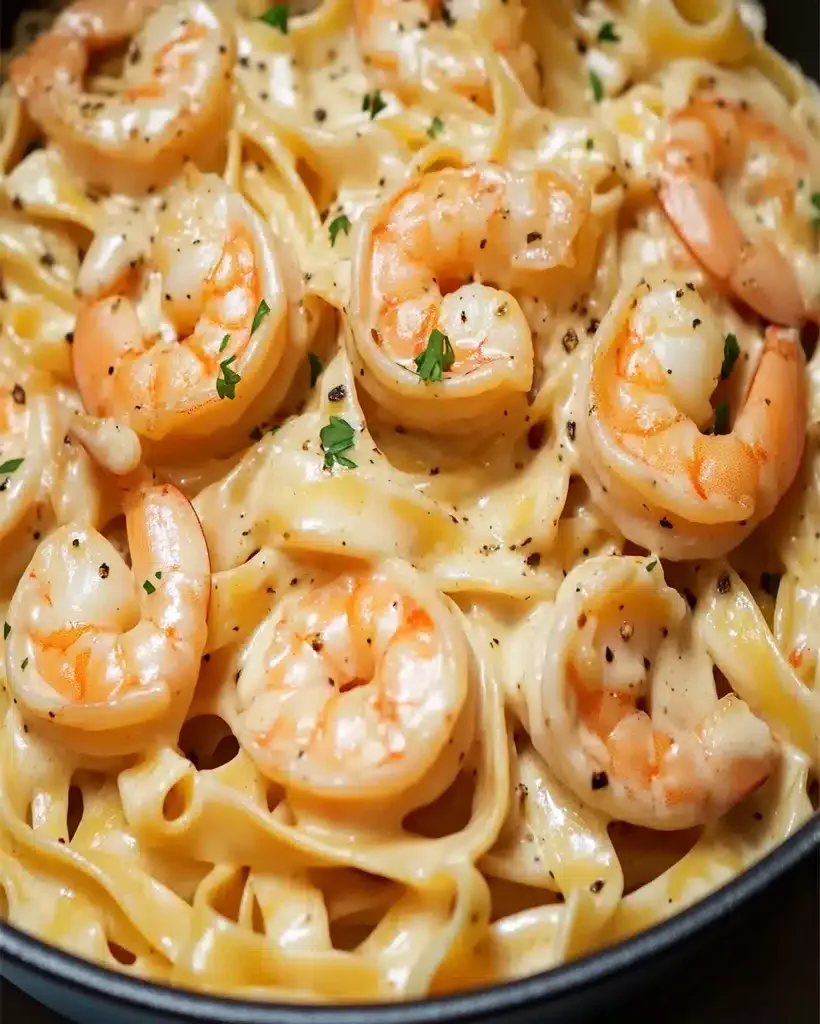 One-Pan Shrimp Fettuccine Alfredo in a pan