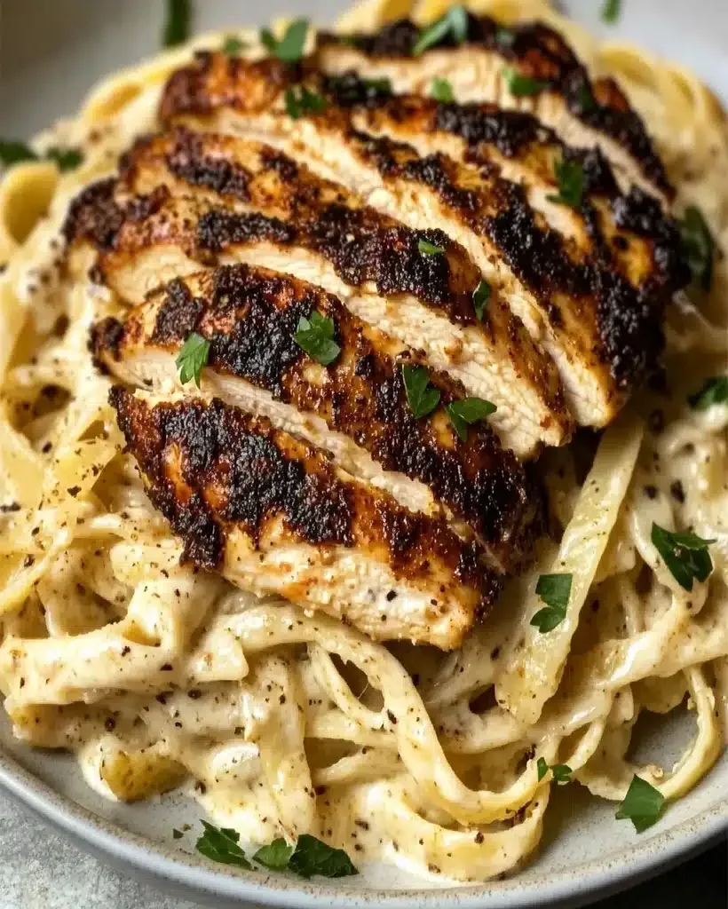 Blackened Chicken Alfredo dish with fettuccine pasta and garnished with parsley
