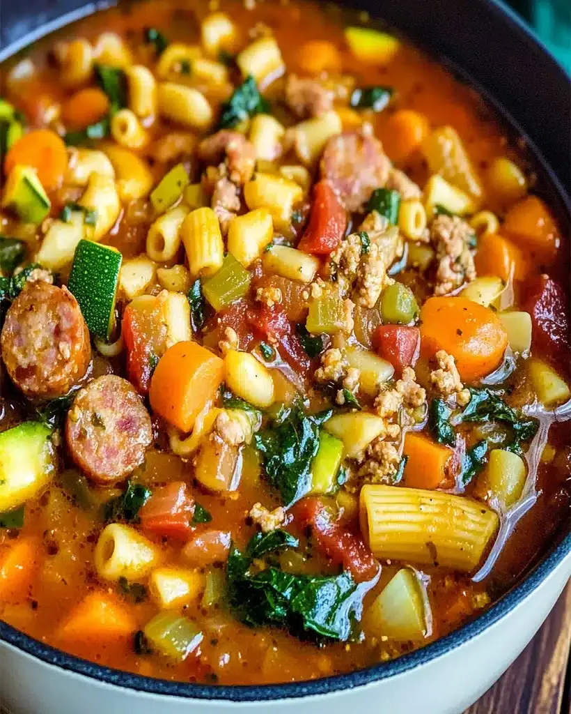 A steaming bowl of Sausage Minestrone Soup, garnished with fresh basil and Parmesan cheese.