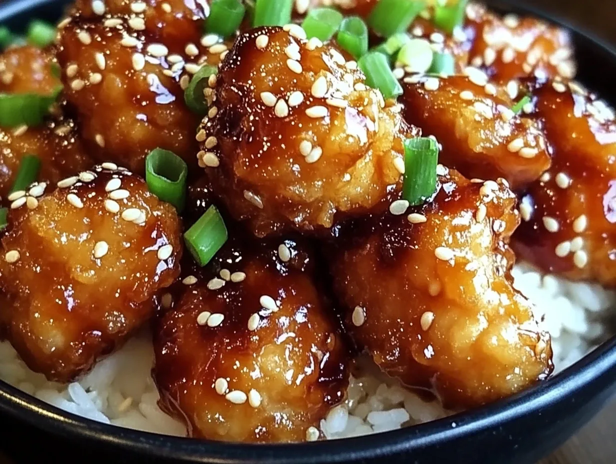 Crispy Honey Garlic Chicken served over rice with sesame seeds and green onions.
