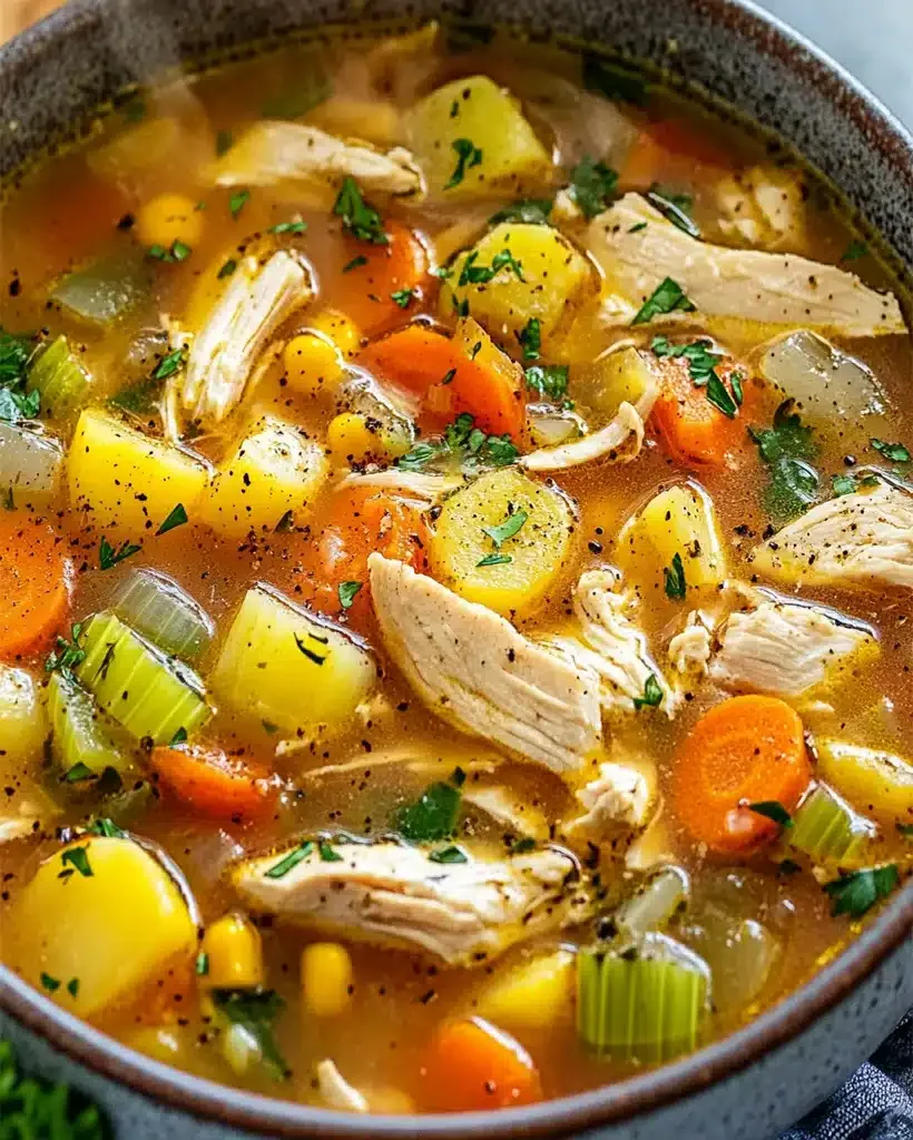 A steaming bowl of hearty chicken vegetable soup filled with colorful vegetables and tender chicken.