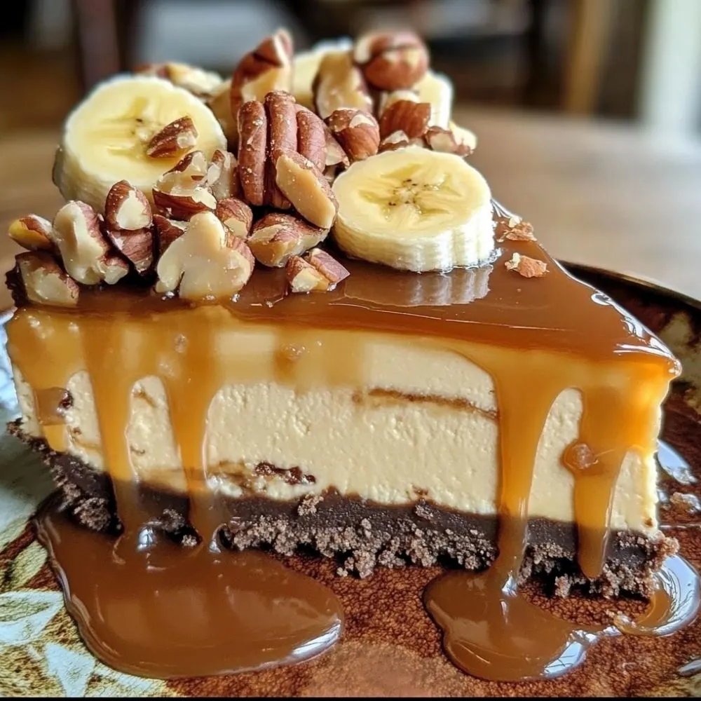 A slice of Banana Caramel Nut Cheesecake on a plate, showcasing the creamy texture and toppings.