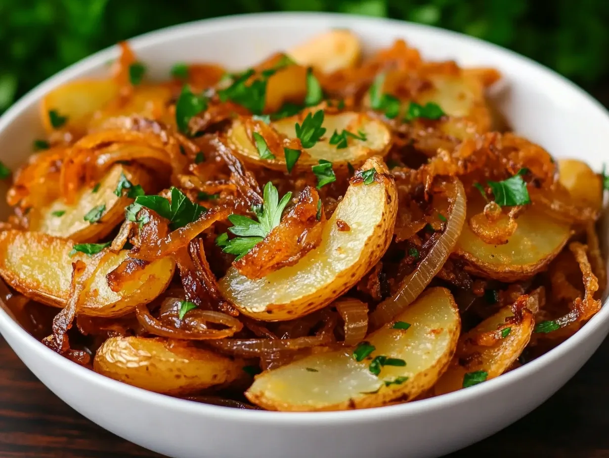 Crispy fried potatoes and onions in a cast iron skillet