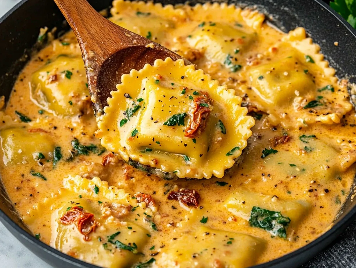 Creamy Tuscan Ravioli dish with spinach and sun-dried tomatoes