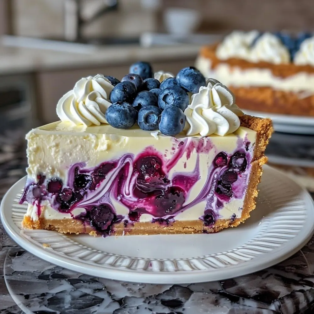 A perfectly baked Blueberry Swirl Cheesecake with visible blueberry swirls