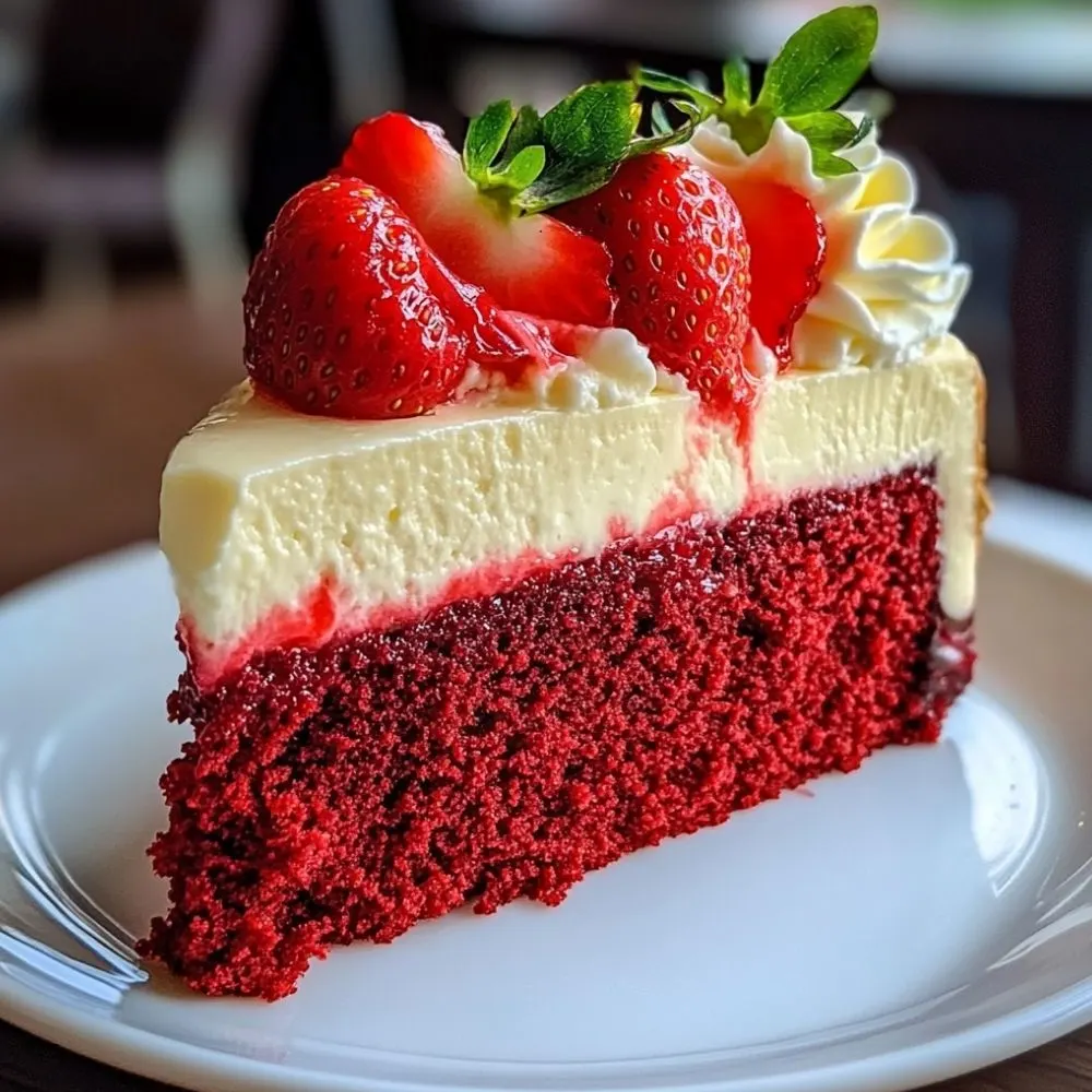 A slice of Strawberry Red Velvet Cheesecake showing its layers and strawberry topping