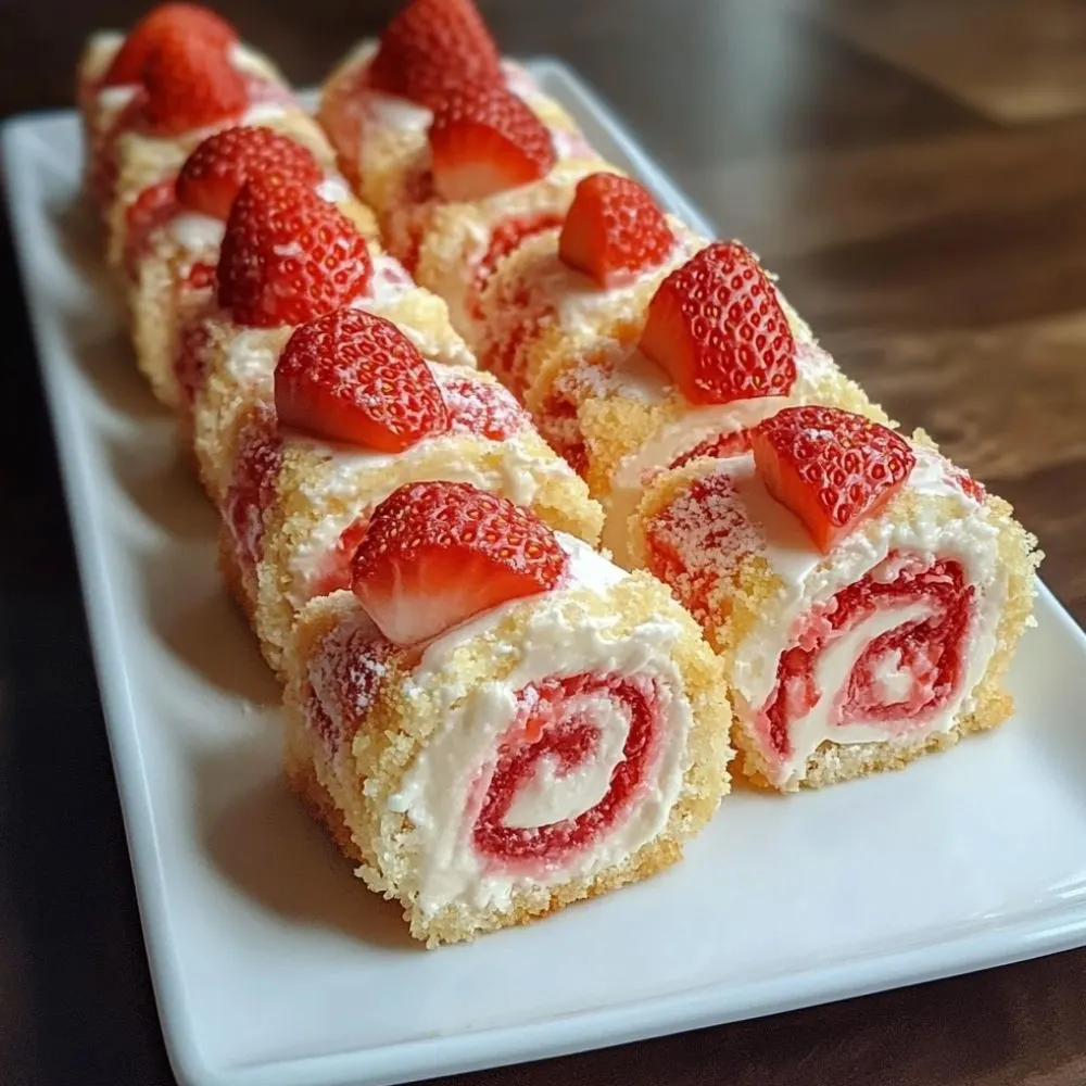 Beautifully baked Strawberry Cheesecake Sweet Rolls topped with cream cheese frosting and fresh strawberries