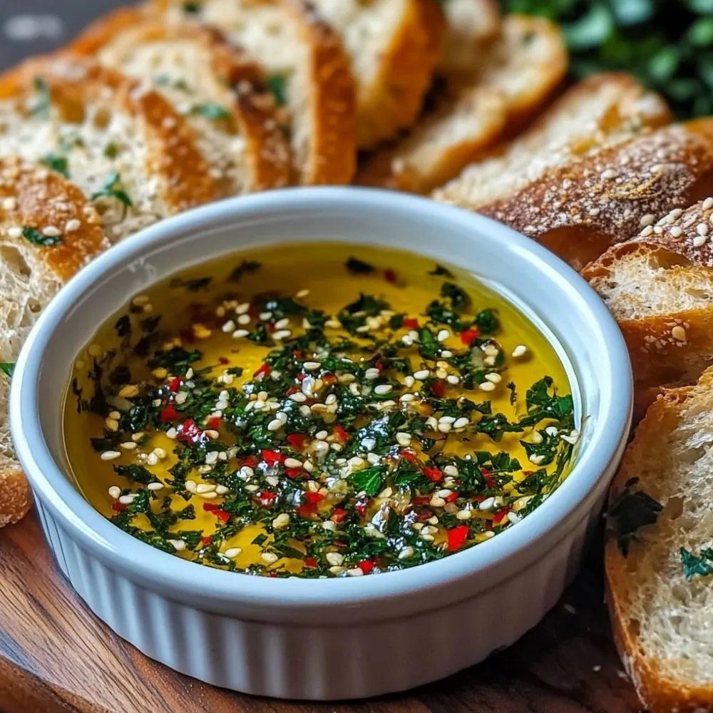 Olive oil dip with herbs and warm bread.