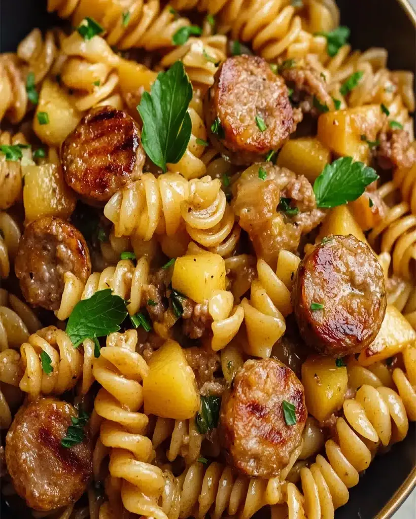 A steaming bowl of Sausage and Apple Rotini, showcasing the pasta, chunks of sausage, and apple pieces.