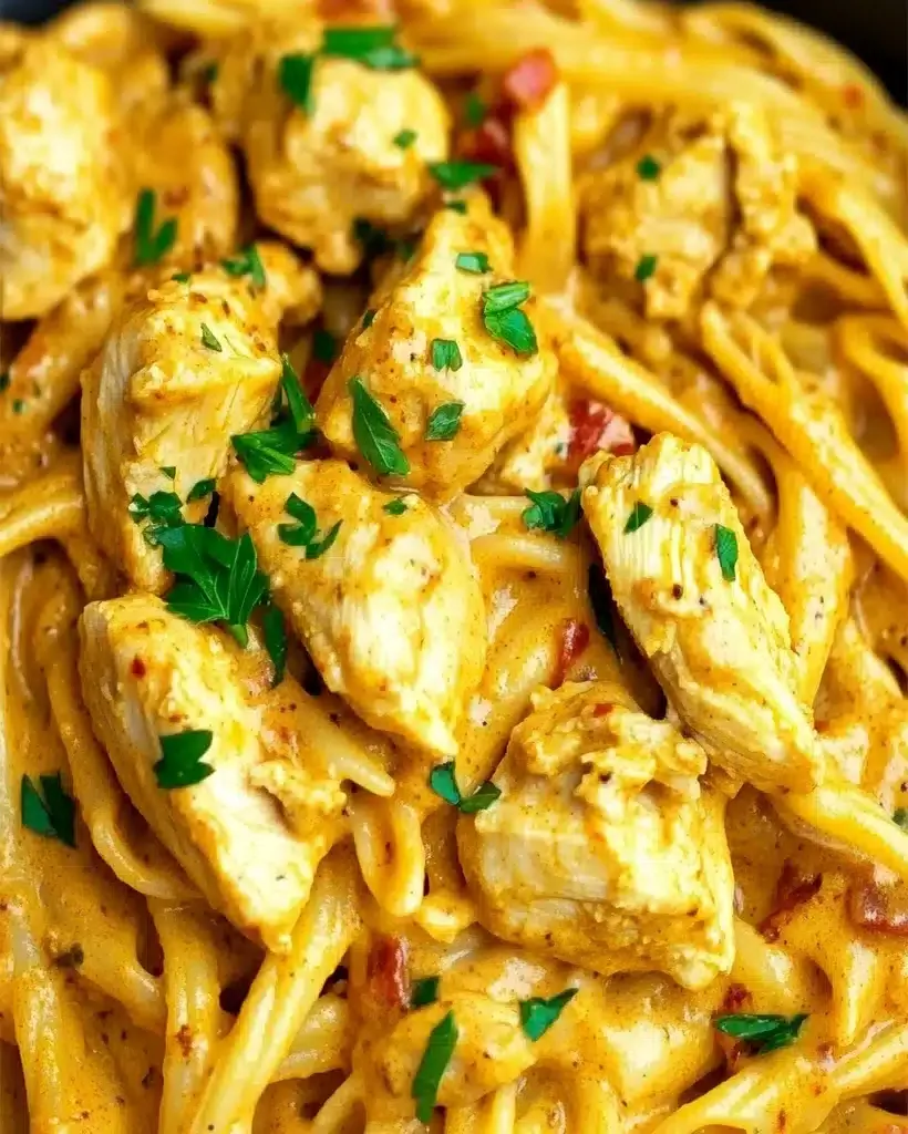 A bowl of creamy chicken curry pasta with fresh cilantro Garnish
