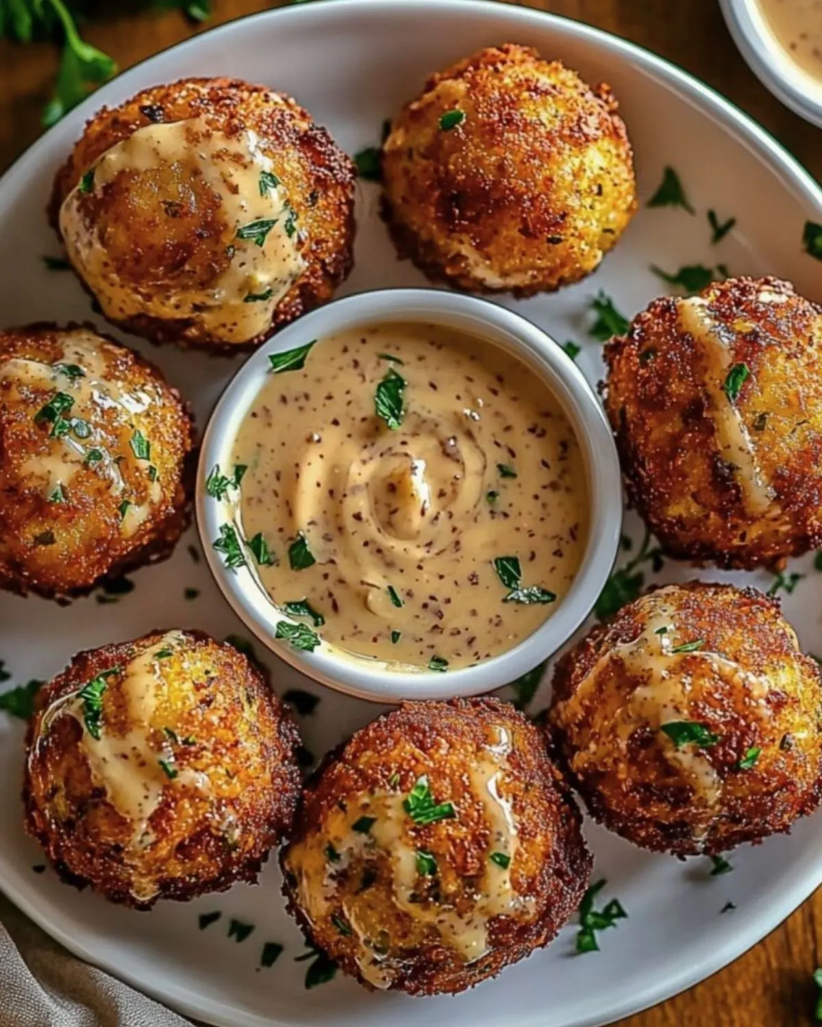 Golden brown Reuben Balls stacked in a serving dish with a bowl of spicy Thousand Island dipping sauce